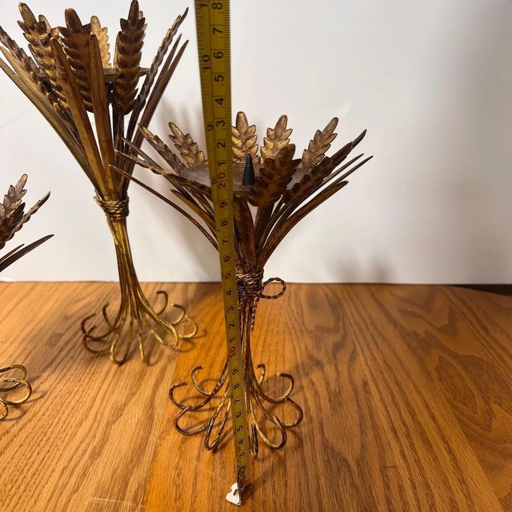 Vintage Wheat Sheaf Candle Holders Set of 3 Gold Metal Tole Hollywood Regency